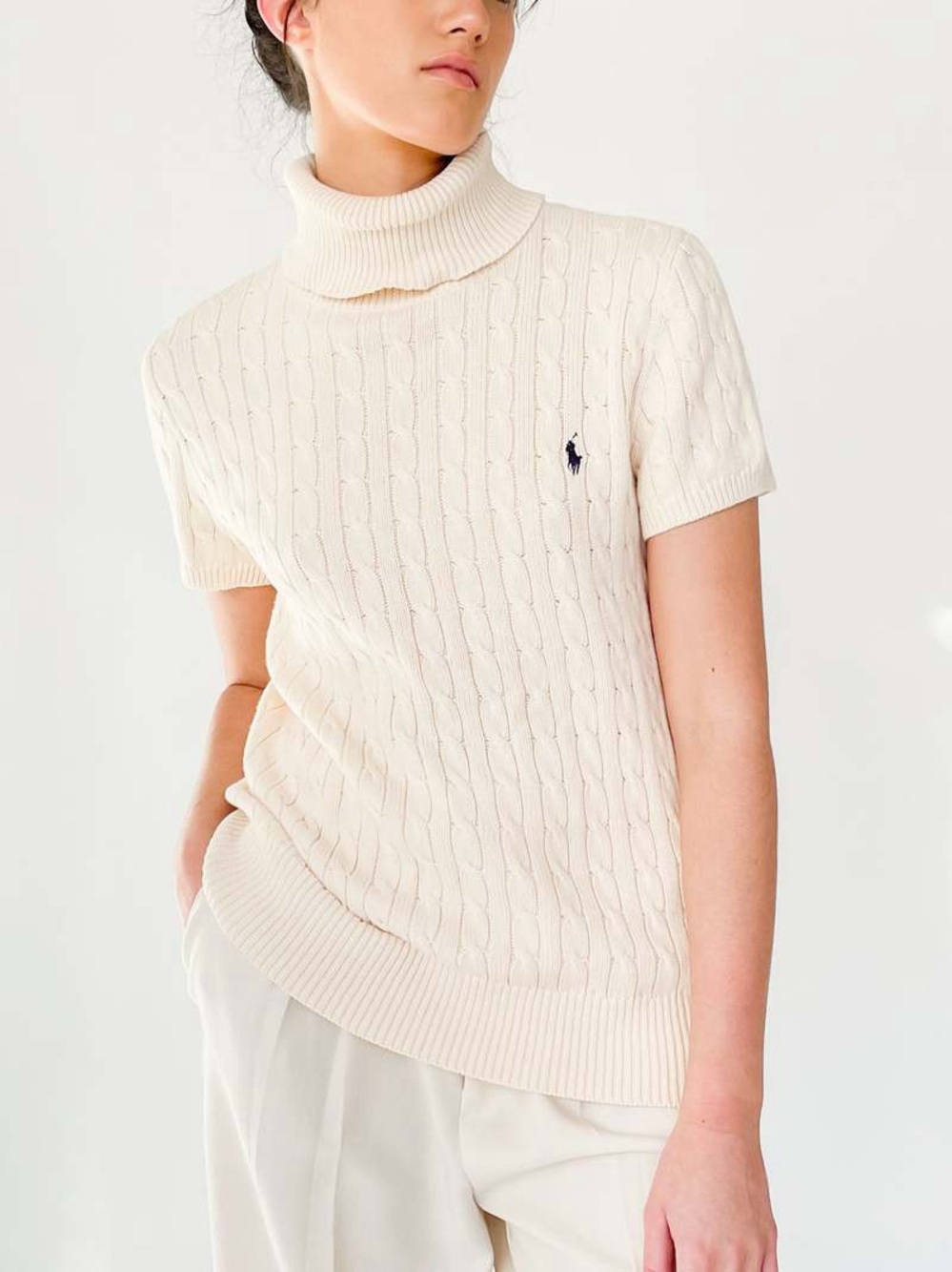 Y2K Ralph Lauren Cream Cable Knit Short Sleeve Turtleneck